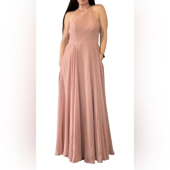 Elegant Pink Halter Bridesmaid | Prom Maxi Dress with Open Back - Picture 1 of 12